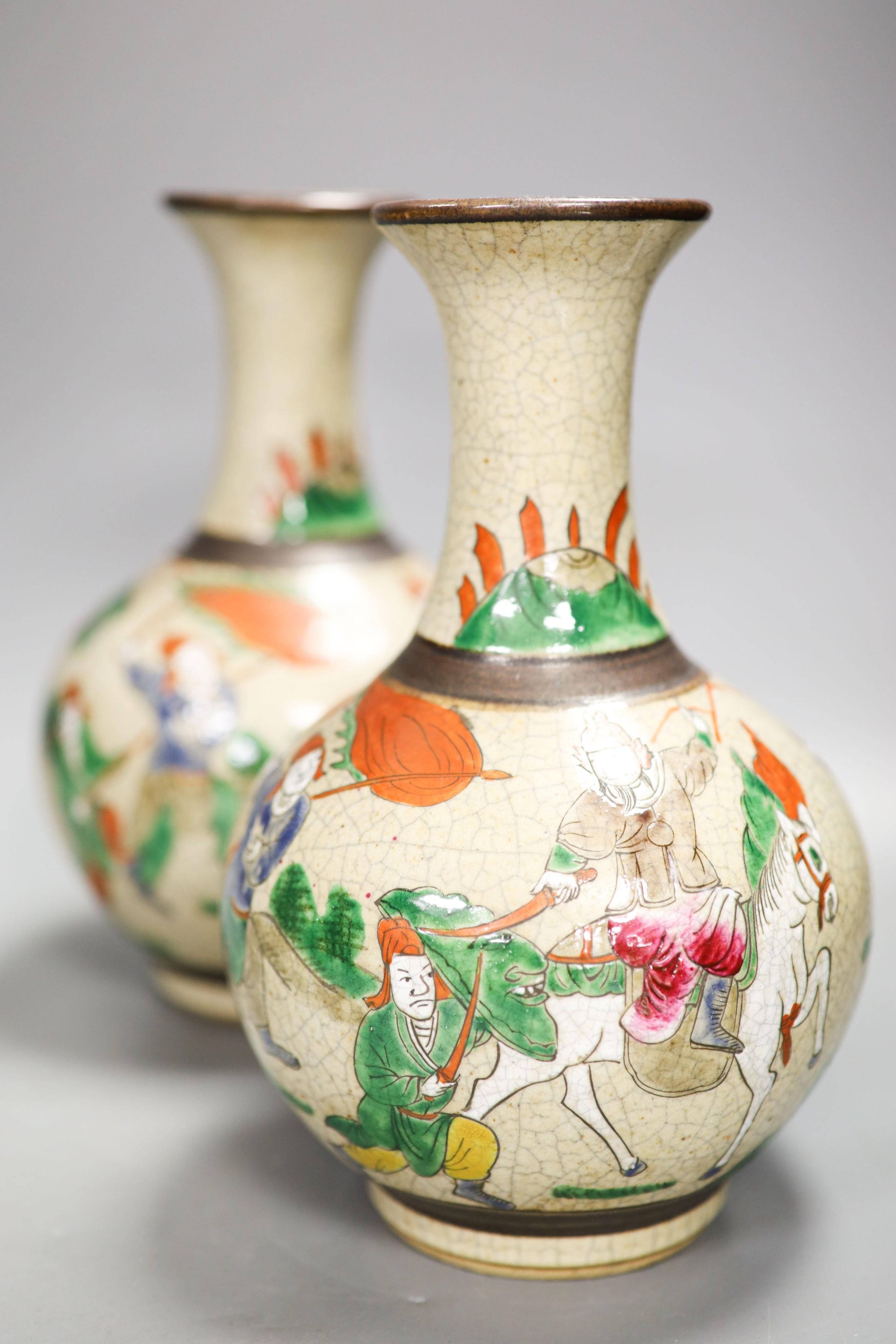 A pair of Chinese crackle glaze famille rose vases, a famille rose dish and a blue and white bowl, 19th century and later